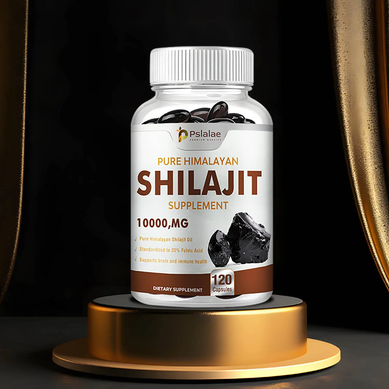 Suplemen Shilajit - Diformulasi dengan 20% Asam Fulvat - Ekstrak 10:1, 10.000 mg, 30/60/120 Kapsul