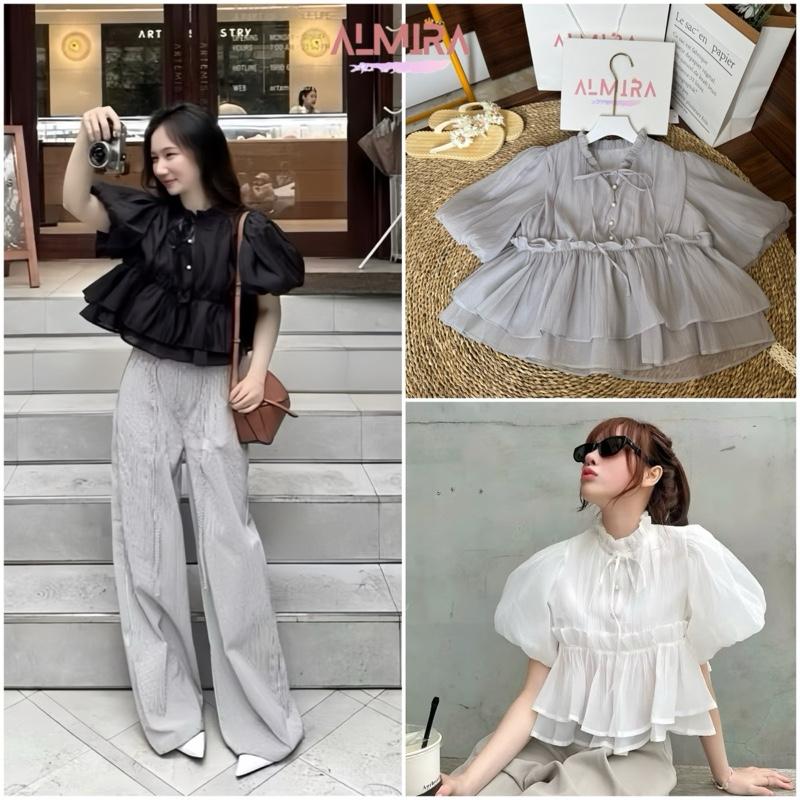 Áo Sơ Mi Croptop Bồng Bềnh Cúc Ngọc Bánh Bèo Chất Tơ Xốp Phiên Bản Nhiều Màu