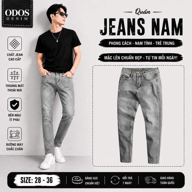 [ODOS DENIM QD13] Quần Dài Jean Nam Xám Wash - Quần Cao Cấp Co Giãn - Chất Denim Dày May Tỉ Mỉ - Giá Mở Bán
