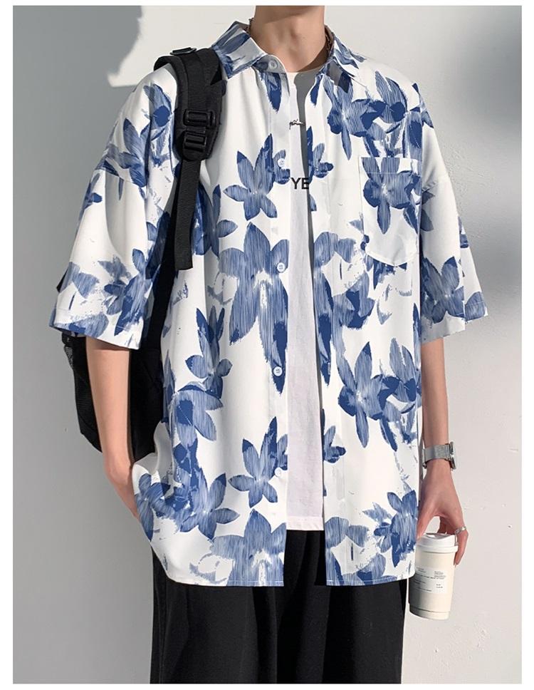 Product Introduction of Plankton Shuai flower shirt men's short sleeve summer ice silk thin inch shirt casual mid-sleeve Hawaiian shirt inch wear free ironing 19