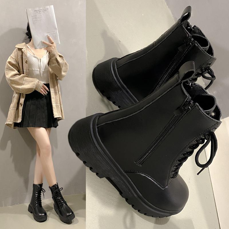 Boot Martin Phong Cách Mới Dành Cho Nữ Màu Đen Đế Dày Tăng Chiều Cao Có Dây Buộc Và Khóa Kéo Phong Cách Bảo Hộ Lao Động Cổ Điển