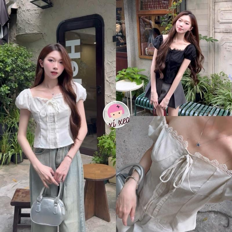Áo babydoll linen XIXEOSHOP phối ren kiểu xinh tay phồng thắt nơ tiểu thư - A19