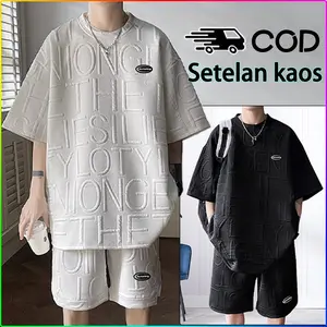 (New promo) baju setelan pria 2024 Distro setelan kaos oversize pria+celana pendek cowok jumbo=one set  Polos Hitam putih abu M-XXXL Dewasa Keren Katun Atasan Combed Panjang Motif setelan starboy pria