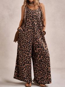 Mono de mujer talla grande estilo boho con estampado animal, sin tirantes y de pierna ancha; mono de una pieza de punto elástico para primavera/verano, casual