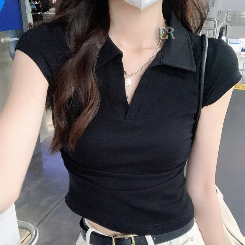 LNR Shop Lokal Premium Atasan Kaos Lengan Pendek Kerah Polo V Dengan Serut Bagian Samping Bahan Cotton 40S Crop Top Korean Style Kasual Casual Polos Untuk Wanita Dewasa Ketat Slim Fit Baju Santai Jalan Jalan T-Shirt Musim Panas stylist m kaus polo 1