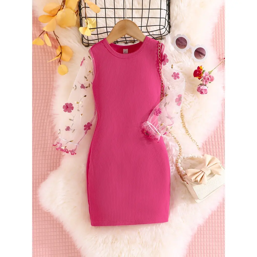 Dress For Kids 4-7 Years old Fashion Cute Floral Tulle Sleeve Princess Dresses Ootd For Baby Girl