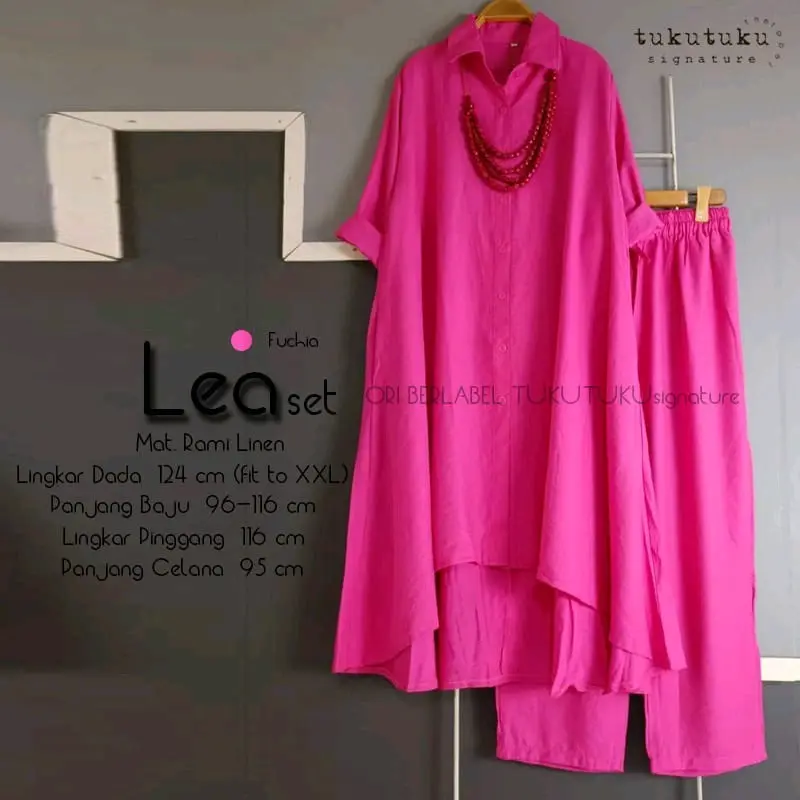 Lea One Set Setelan Jumbo Celana Kulot Tunik Polos Putih Fuchia Katun Linen Ld 124 Fit XXXL By Tukutuku 2