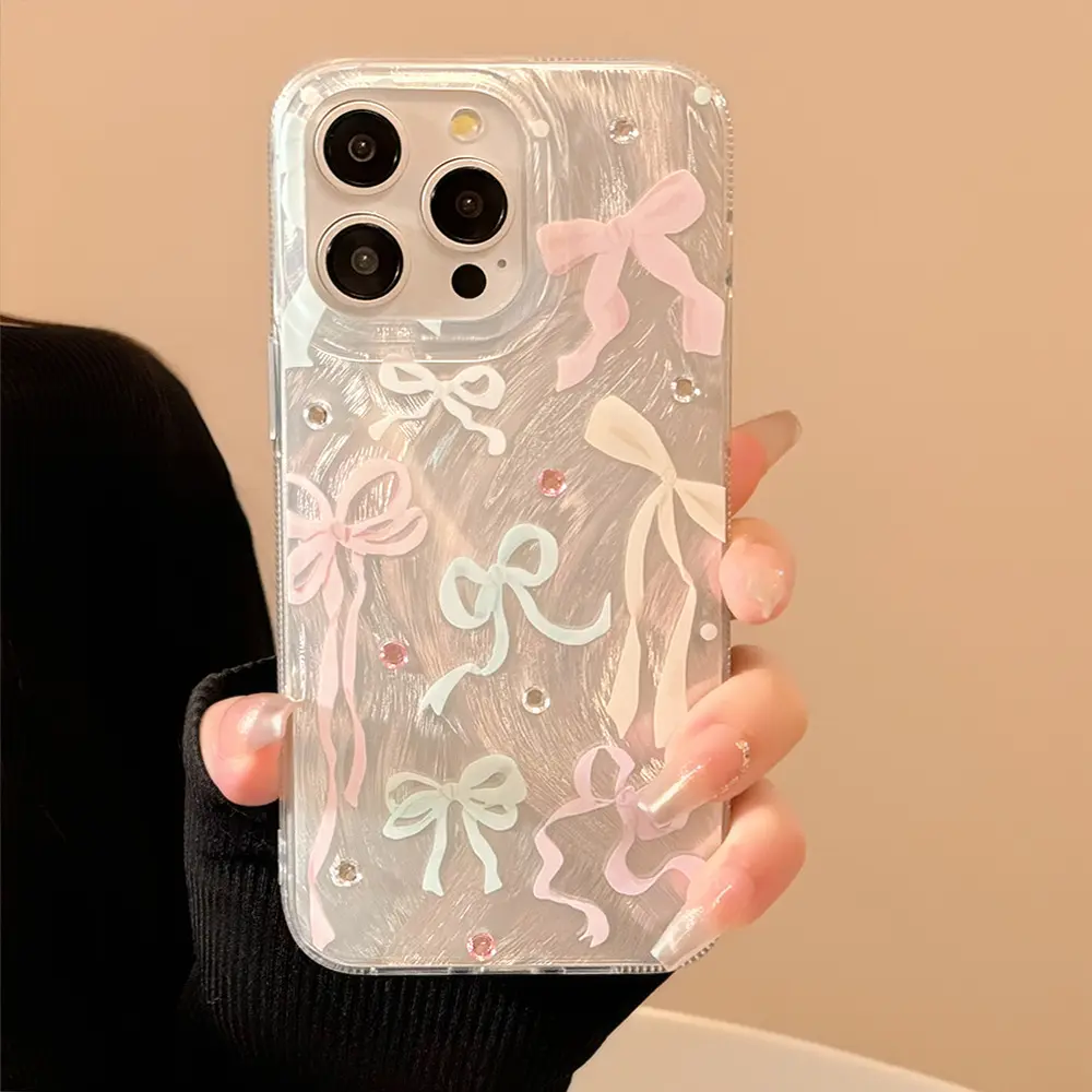 Dopamine Color Ribbon Bow Pattern Feather Sheath Full-Edge Anti-Scratch Protective Phone Case for iPhone 11/12/13/15/16/16 Pro Max/15 Pro/14 Plus - Shockproof and Anti-Drop Protective Shell Sweet Smartphone Cover