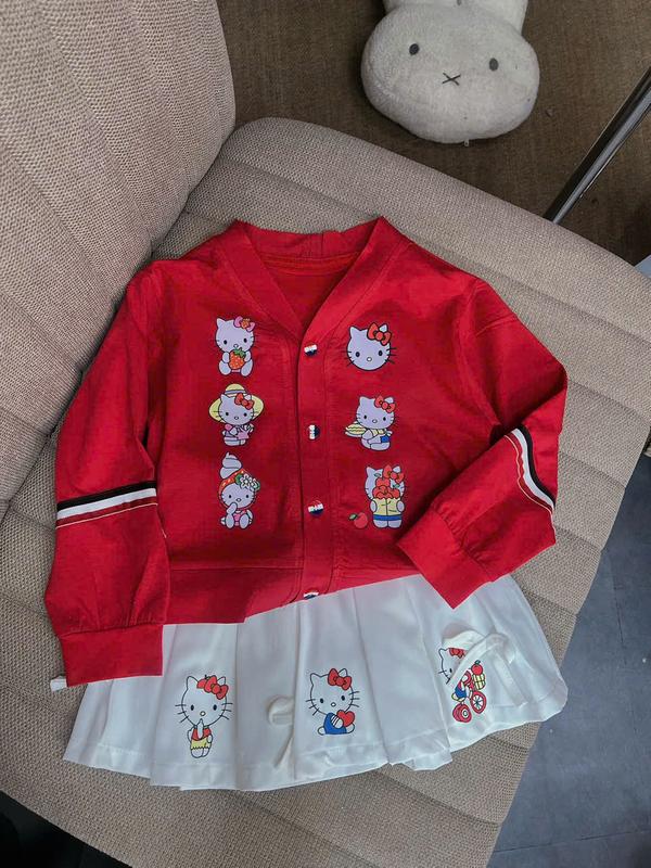 Set Áo Tay Dài Đỏ Viền Sọc Màu Kitty Kèm Chân Váy Xếp Li Trắng 95Q Dành Cho Bé Gái