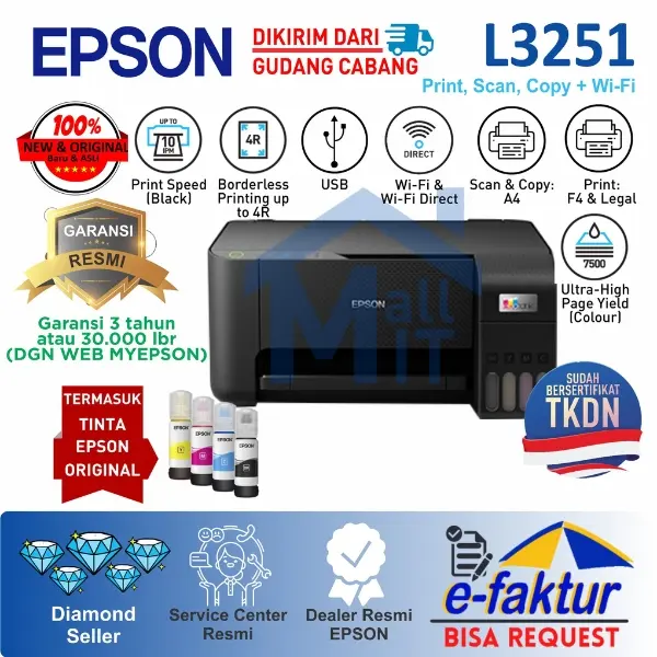 Printer Epson L3250 L-3250 L 3250 L3251 L-3251 L 3251 Pengganti L3150 L-3150 Wifi Wireless Print Scan Copy Resmi Jakarta