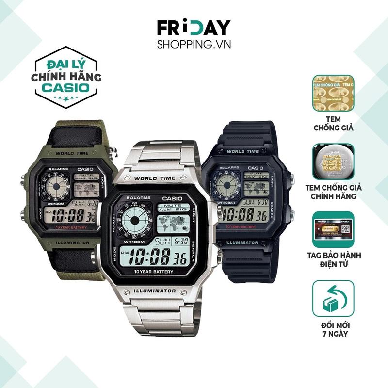  Đồng Hồ Nam Casio AE-1200WH Điện Tử Mặt Vuông Dây Kim Loại Dây Cao Su Và Dây Vải Chính Hãng Chống Nước 10 ATM 