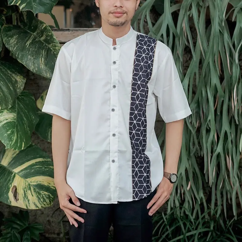 Baju Koko Batik Pria Dewasa Katun Kemeja Kantor Kombinasi Motif Modern Lengan Pendek Kerah Mandarin Casual Muslim 3