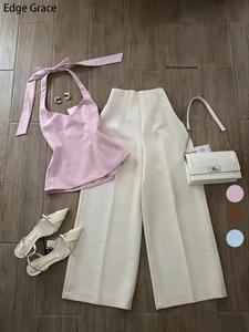 Conjunto casual de dos piezas para mujer 2026 con pantalón largo y top halter de bloques de color, ropa elegante para mujer, no incluye accesorios adicionales