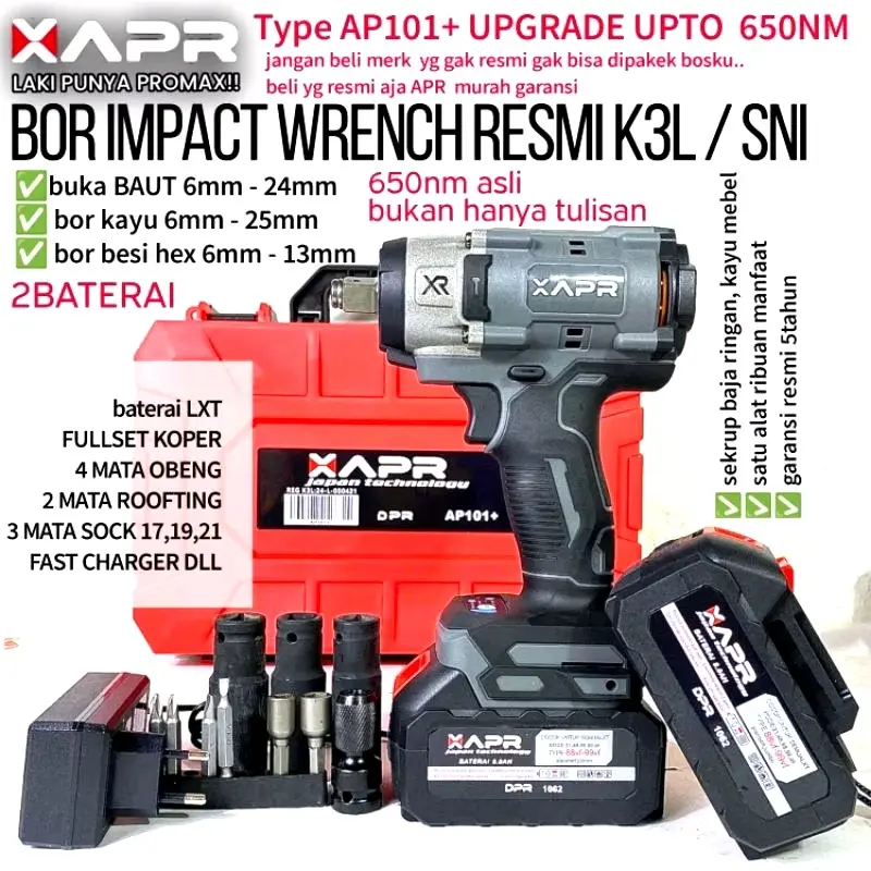 TERLARIS! impact wrench APR AP 101+ 650Nm 1/2inc standrart pembuka baut roda motor mobil cvt