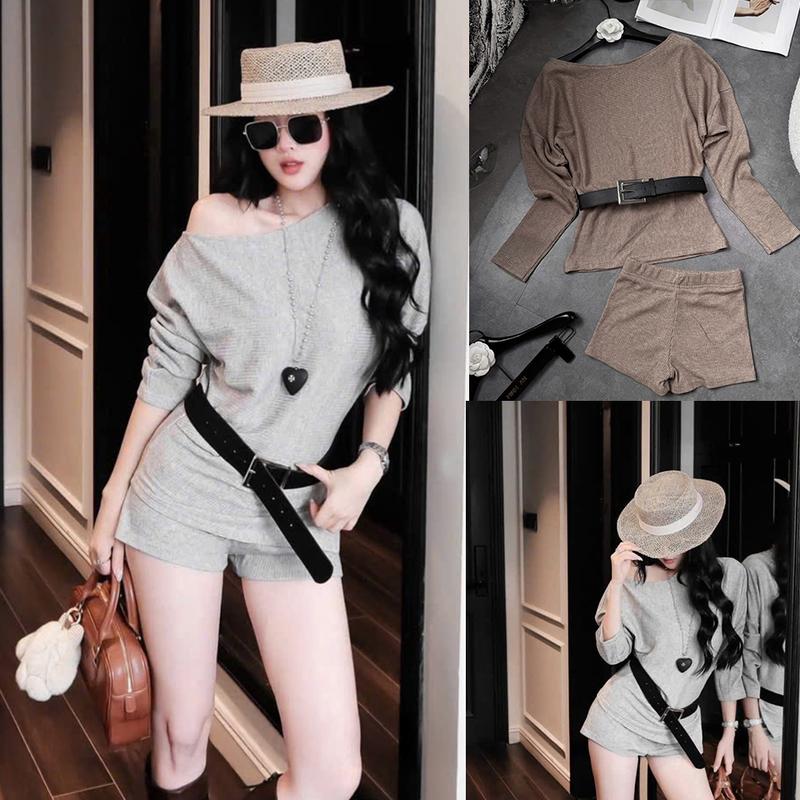 (Kèm Đai) Set Bộ 3 Món Áo Mặc 2 Kiểu Cổ Tròn Dài Tay Mix Quần Short Dễ Thương Kèm Đai