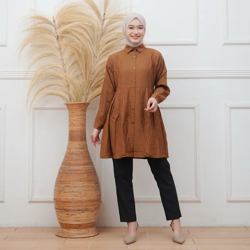 Yessa - Blouse Wanita Jumbo Baju Atasan Lengan Panjang ALINA Basic POLO LINEN Oversize Airflow Top Dewasa Serut Busui Kancing Katun Linen Balon Long Tunik Cantik Kerja Muslim Ruffle Wudhu Nyaman Crinkle