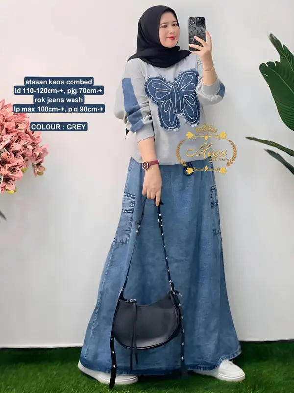 Setelan Wanita Motif Kupu Rok Jeans Wash Saku Kana Kiri Atasan Kaos Combed Premium Terlaris 2
