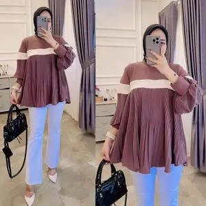 ATASAN WANITA RIESA BLOUSE PLISKET KNIT COMBI CRINCLE / ATASAN WANITA PLISKET PREMIUM Baju Panjang Crinkle Tebal Muslim