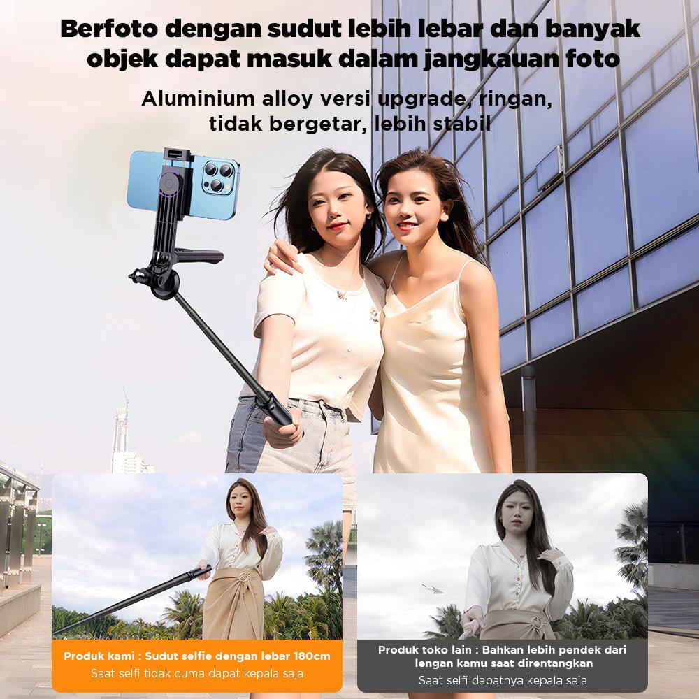 NEXID A17 4in1 Tongsis Tripod Bluetooth 1.8m dengan 4 Kaki Stainless Steel Fill Light & Remote Control 10M Cocok untuk Handphone Kamera S30