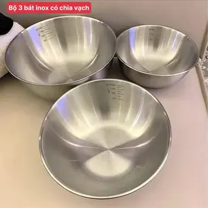 Combo 3 Bát Âu Trộn Inox Trộn Bột Salad, Ướp Thịt, Đánh Trứng Cao Câp Chia Vạch Dung Tích