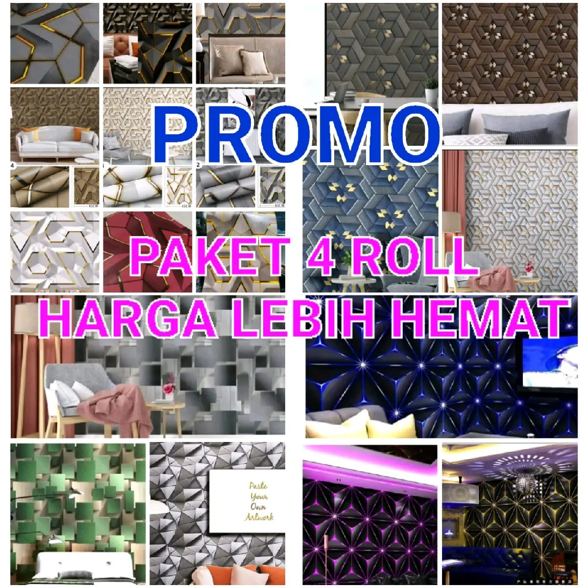 PAKET HEMAT 4 ROLL Wallpaper Sticker Dinding Geometris Cakra Kotak 3D Kristal 3D Dekorasi Ruangan Ruang Tamu Kamar Tidur Mewah Elegan Aethetic Terjangkau motif