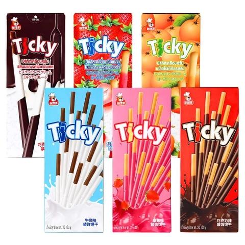  Ticky Bánh Que Ticky Thái Lan Socola Sữa Thái Lan Bánh Quy Que Phủ Kem Hộp 20G 3 Vị Socola Sữa Dâu Thơm Ngọt Giòn Tan 