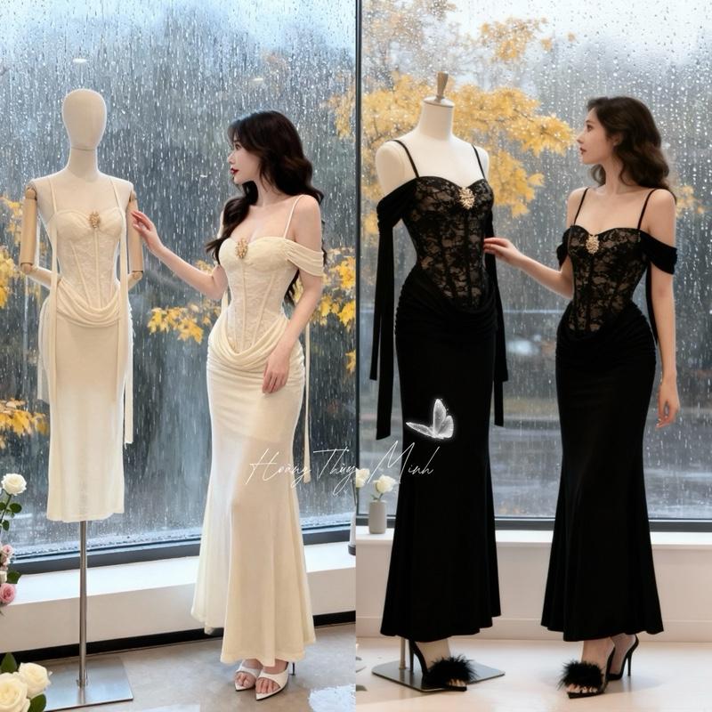  H10- CÓ BIGSIZE-FORM NHƯ HÌNH  Đầm Bẹt Vai Ren Dáng Dài Kèm Tag Cài Sang Trọng Quý Phái Phối Thun Nhũ Mịn CÓ MÚT-HoangThuyMinh97 