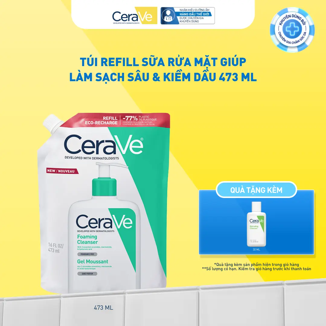 Sữa rửa mặt giúp làm sạch sâu dành cho da dầu Cerave Foam Cleanse 473ML - Refill, tạo bọt làm sạch sâu dịu nhẹ và cung cấp độ ẩm cho da. Chăm sóc da_Sữa rửa mặt_Skincare cho Nam và Nữ_Cleansing