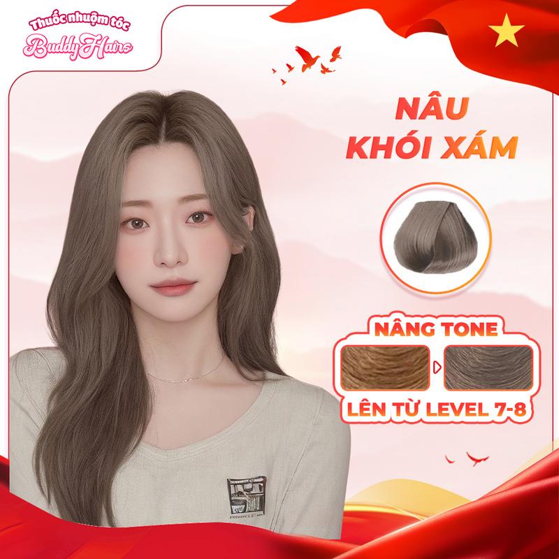 Thuốc nhuộm tóc Nâu khói xám không cần dùng Tẩy Tóc Buddyhairs tặng kèm găng tay mũ trùm trợ nhuộm tiện ích