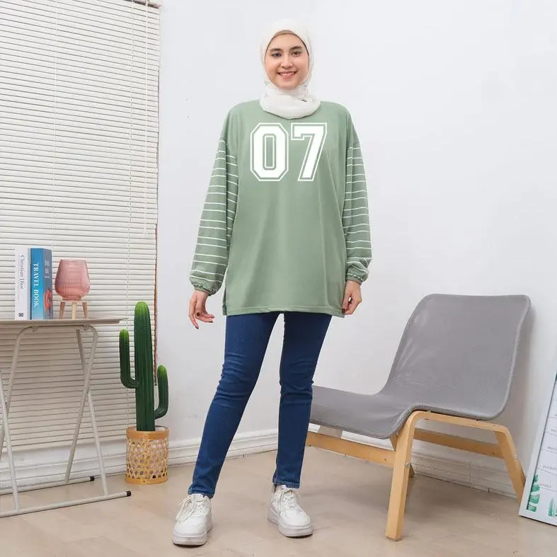 Baju Kaos Wanita Oversize Lengan Karet Salur Motif Angka 07 Print Babyterry - Panjang, Atasan 0
