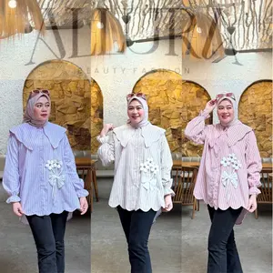 Shevaya Kemeja Blouse Wanita Top Atasan Kancing Lengan Panjang Kerah Layer Katun - Allura.id