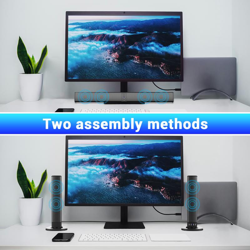 Small Bluetooth Sound Bar for TV, PC Speakers Soundbar 20W, Computer Soundbar for Monitor with USB, TF, FM, TWS, RCA & AUX Playback, 2000mAH Battery, Detachable 5