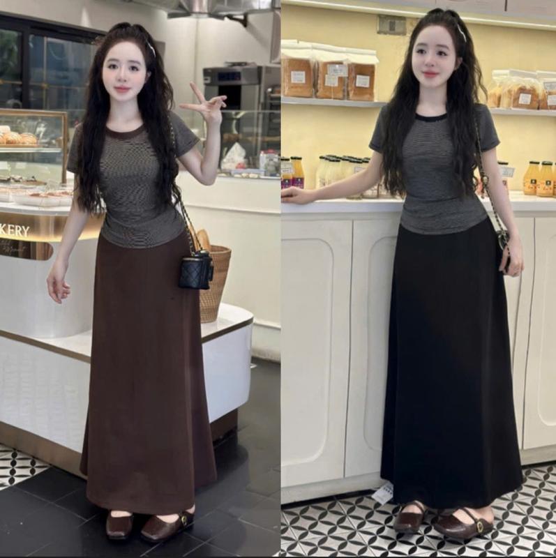 Sét Áo Kẻ Zip Mix Chân Váy Đuôi Cá Dáng Dài Vải Umi Lạnh Dành Cho Nữ Sang Chảnh by T.LINH STORE 68