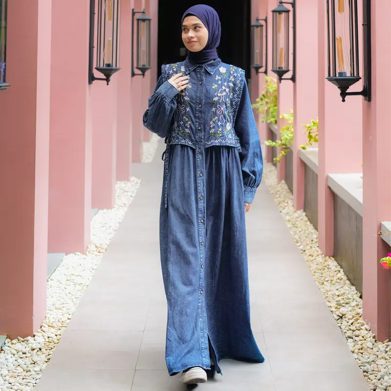 SALMA DRESS Gamis Lebaran Terbaru 2025 Bahan Jeans Premium Import Busui Friendly Bordir Muslim Panjang Wanita Motif Nyaman Maxi Fit 2