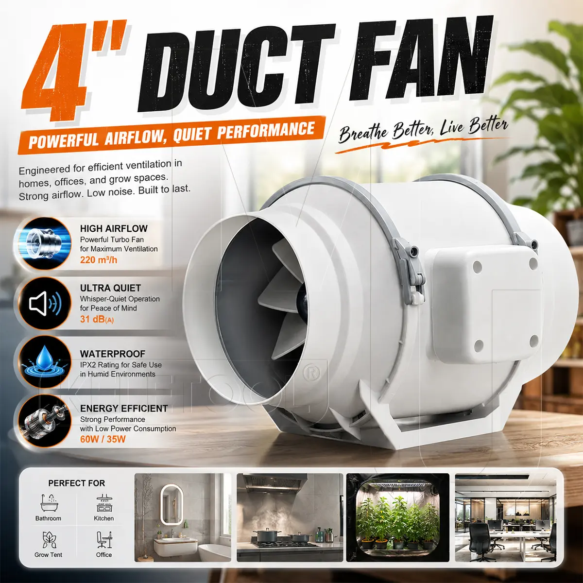4" Kipas Angin Buang Diam 220v Inline Duct Fan Blower Hisap Kipas Angin Buang Diam Ekstraktor Kipas Ekstraktor Dinding Jendela Toilet Mountable Ventilasi Exhaust Fan Tekanan Meningkatkan Fan Ventilator Kamar Mandi Ventilasi Udara Blower Exhaust