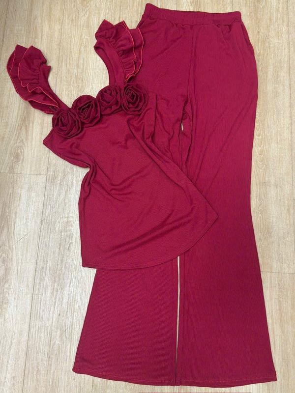 Sét bộ vải gân tăm lạnh maggo quần loe dài áo cổ hoa Hồng tay cánh tiên đi chơi Nữ Women