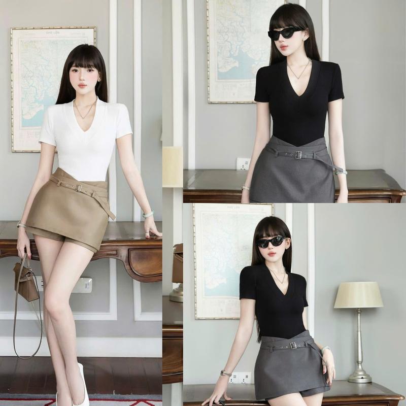 HÀNG CÓ SẴN G17 Set áo và chân váy áo phông cổ tim phối quần giả váy - Set đồ nữ đẹp