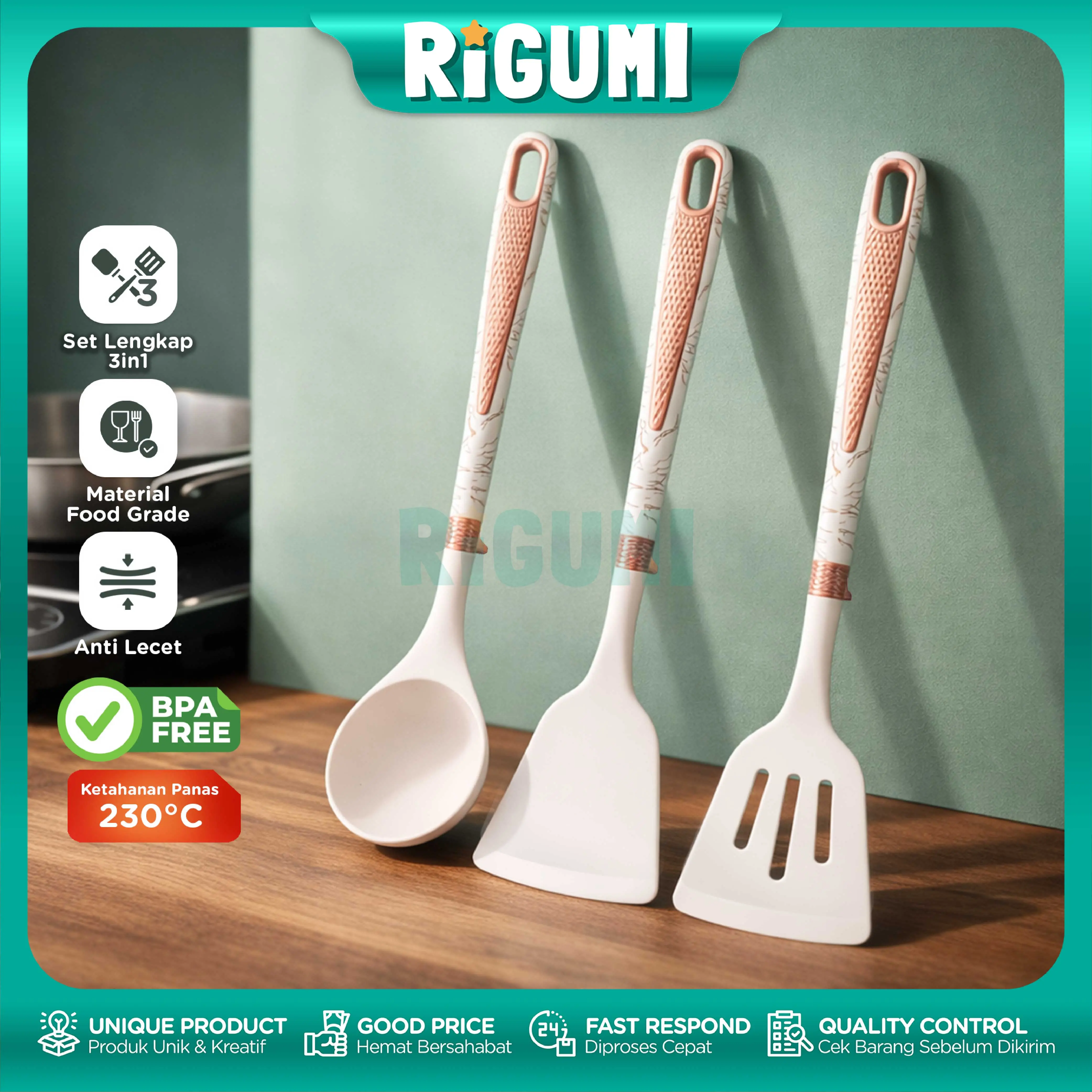 Set Isi 3 Spatula Silikon Tahan Panas Sutil Turner Soup Ladle Food Grade Aesthetic Marble Handle Kitchen Utensils
