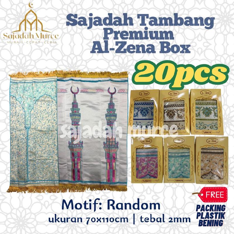 20pcs Sajadah Al-Zena Premium Box Tambang Premium Jumbo Ukuran 70x110cm Sudah Dengan Box Bahan Halus dan Lembut 0