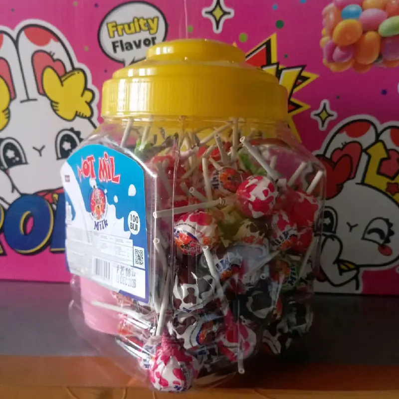 Permen Hotmil pentol isi 100pc bonus gelas,cocok di jual lagi, Rendah gula Candy 1