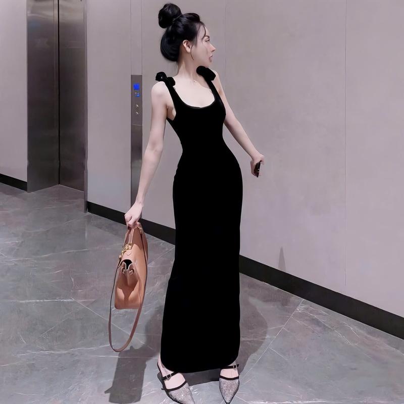  Sẵn Mút_Đầm Body Hai Dây Đính Nơ Vai Dáng Dài Chất Nhung Xẻ Tà Sau Có Khóa Kéo Tôn Dáng Sang Chảnh_Đầm Đi Tiệc Cưới Váy Xinh Váy Body Váy Đi Tiệc 