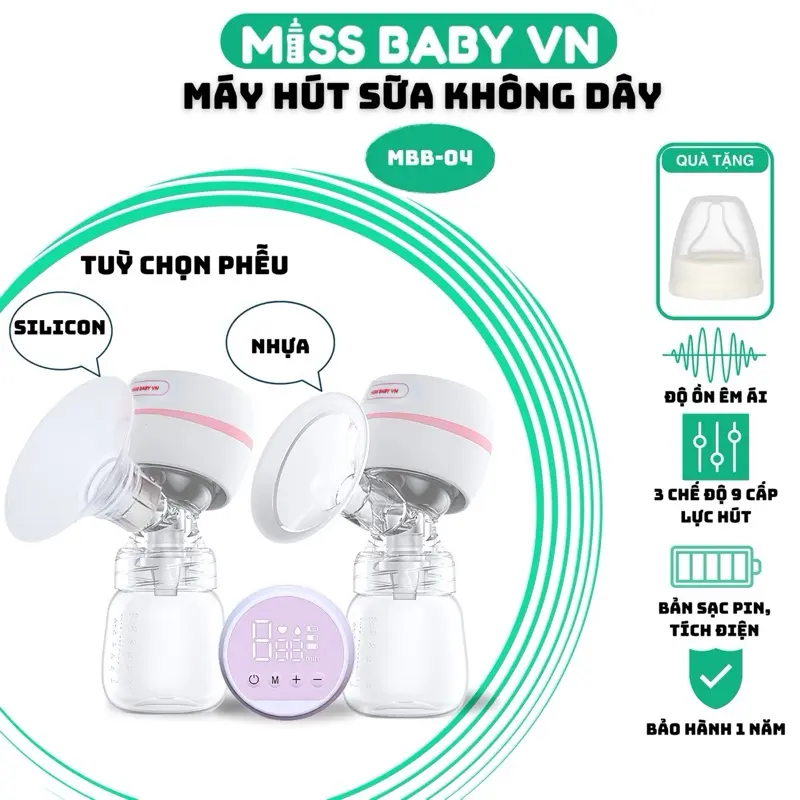 [ BẢO HÀNH 12 THÁNG ] Máy hút sữa không dây Miss Baby Vn, phễu hút tuỳ chọn: phễu Silicon [ Tặng kèm phễu nhựa ] - hoặc phiên bản Phễu nhựa viền Silicon.