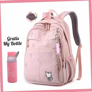 Deefaira Tas Korean Style Cat Japan Ransel Sekolah Anak Perempuan SD SMP SMA Free My Bottle - Cat Japan + B PINK | Hot Item