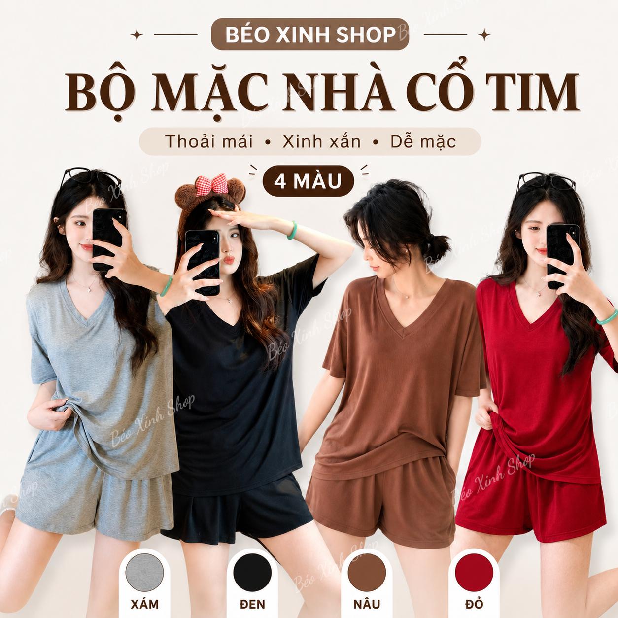Béo Xinh Shop Đồ Bộ Mặc Nhà Nữ Bigsize Cổ Tim, Áo Form Rộng Quần Short Thun Mềm Mát Chất Thun Tăm Lạnh 40-100kg - A.1827