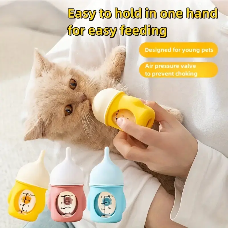 Silicone pet bottles for kittens and puppies - anti-choking, bite resistant with measuring scale, available in blue, pink, yellow