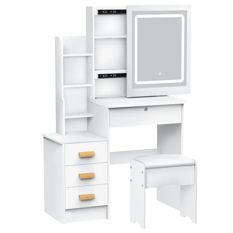 Vanity Desk with Sliding Mirror and Lights, Bedroom Dressing Table, Makeup Table with Drawers & Shelves, Hidden Storage Space 7