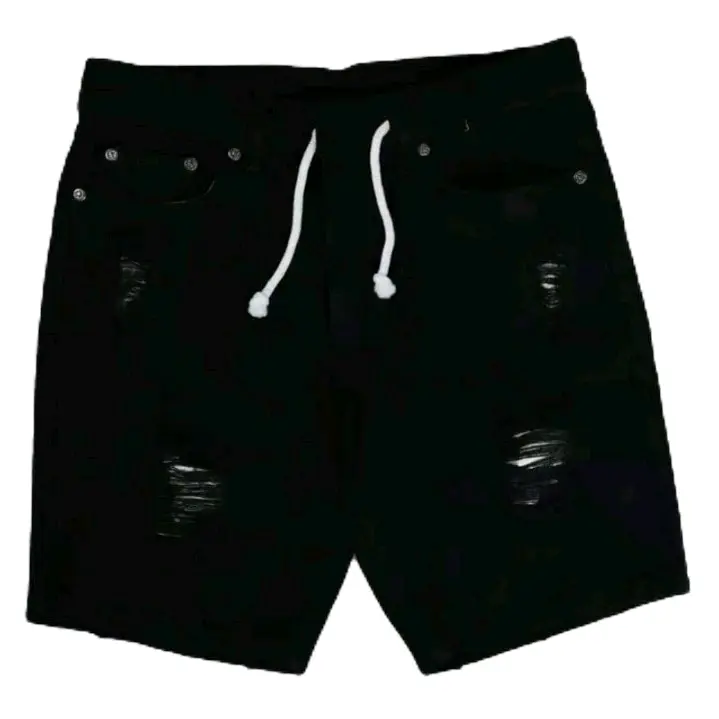 Celana Pendek  Cowok Jeans Sobek Hitam Pekat Polos Pria Dewasa Elegan Bahan  Distro Denim Slimfit Non Stretch Tebal Tali Panjang Ripped Nyaman