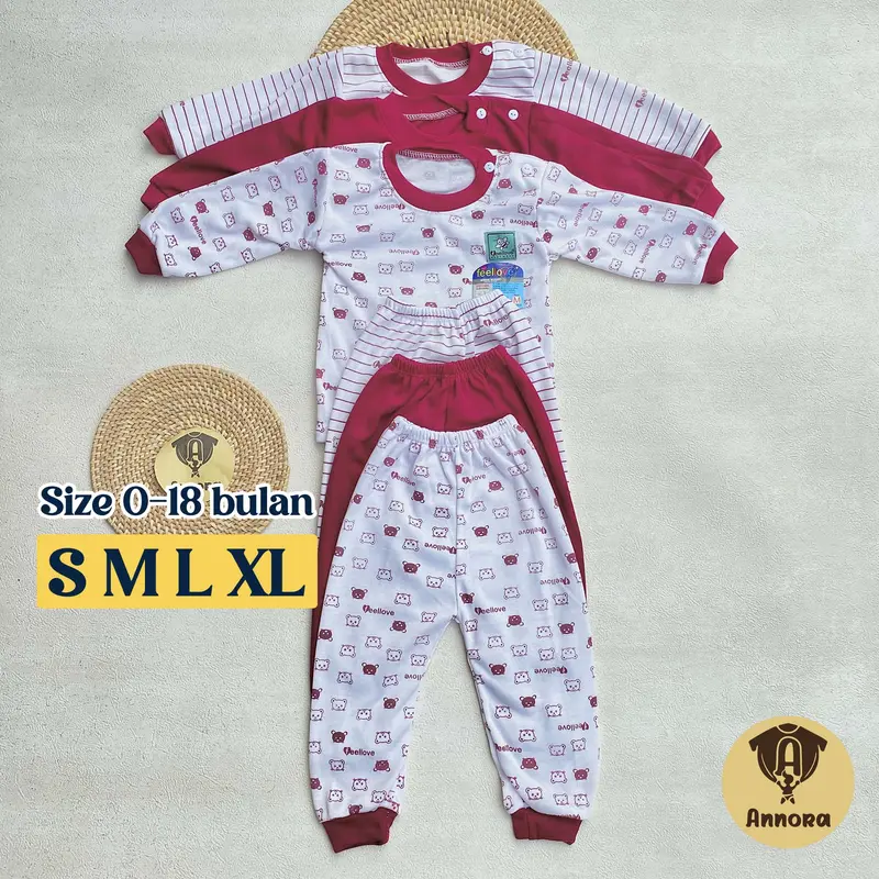 Annora Baby Isi 3 Setelan Bayi S M L XL usia 3-18 Bulan Piyama Bayi Laki Laki Perempuan Seri Marun Bear 2