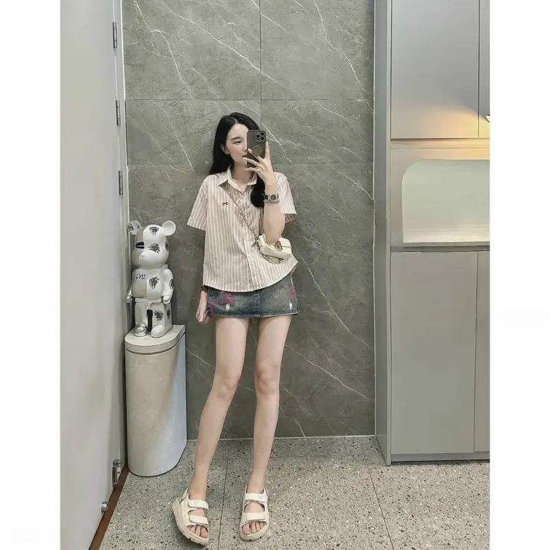 Áo sơ mi kẻ sọc nữ cộc tay thêu nơ kiểu dáng hàn quốc 3