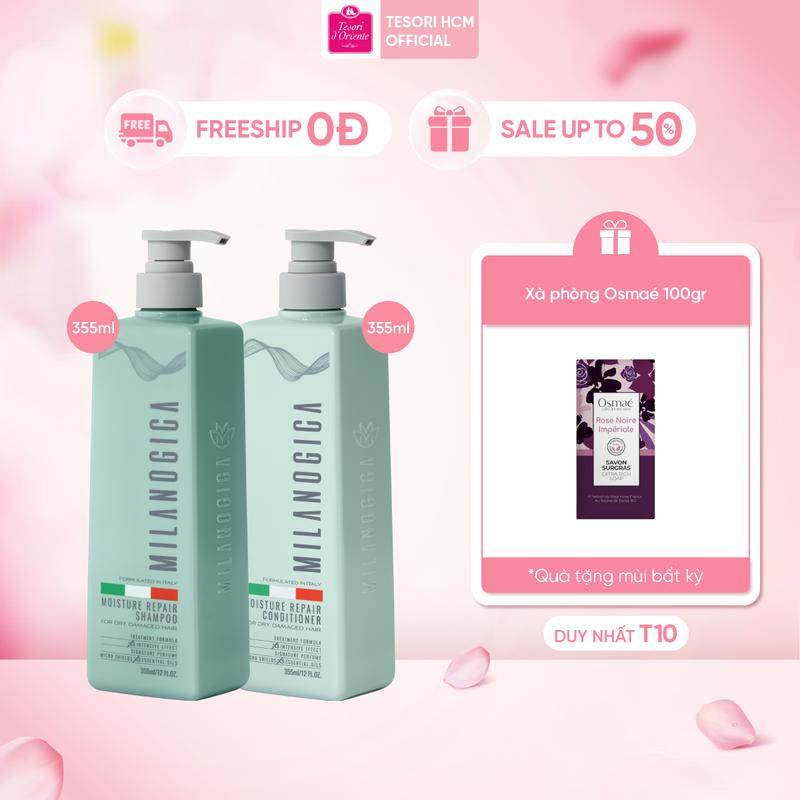 [TẶNG 1 XÀ PHÒNG OSMAÉ 100GR] Combo Dầu Gội & Xả hương nước hoa Milanogica 355ml Phục hồi hư tổn, Trị gàu sạch ngứa da đầu